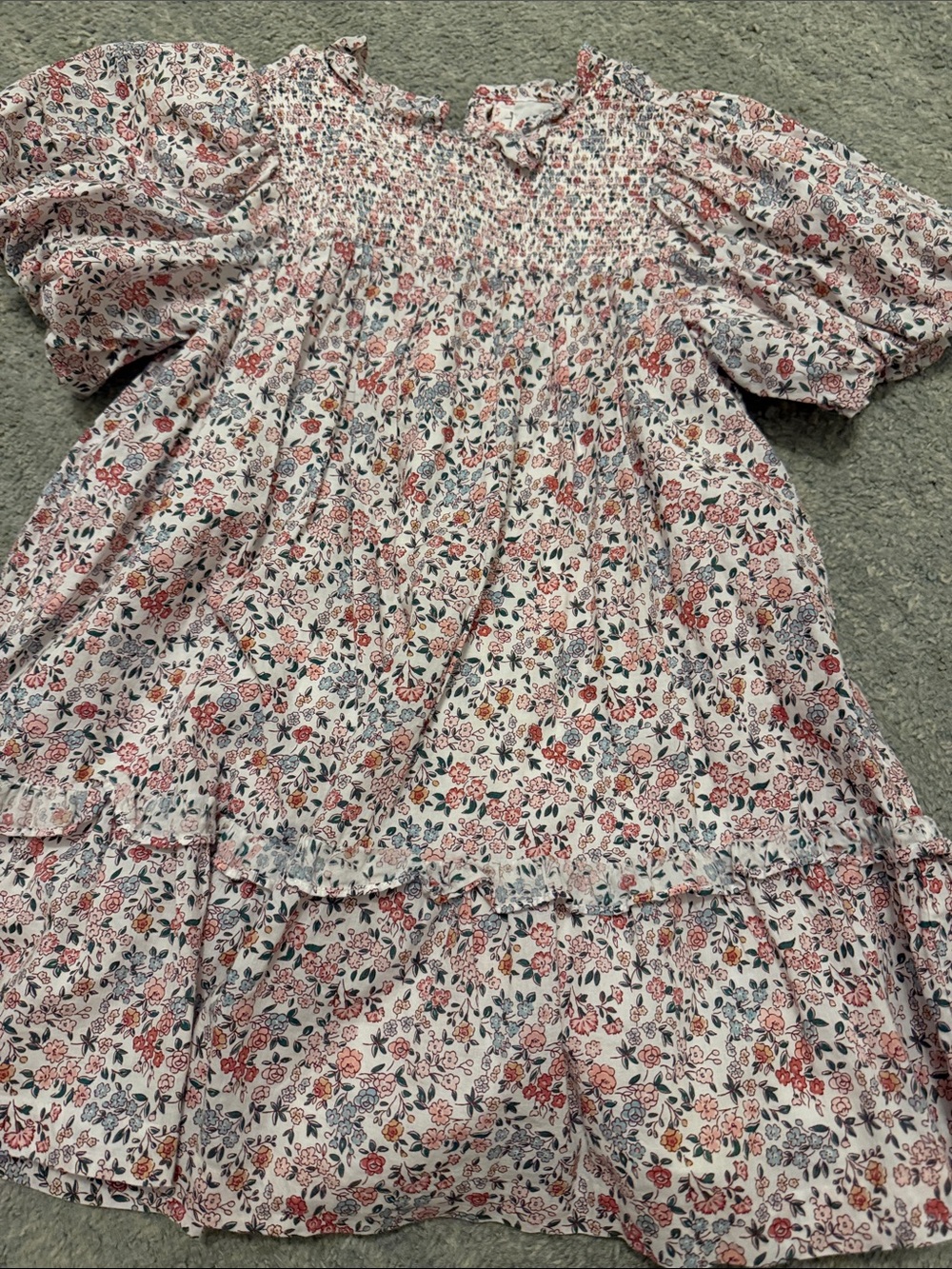 Janie and Jack Pink Floral Smocked Puff-Sleeve Dress with Ruffle Hem